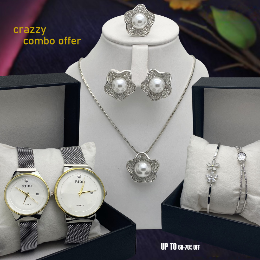 Pearl Silver Plated Costume  Milano Fashionable Silver Plated Crystal Stone Necklace Set, Crystal Stone Silver Bangles, Crystal Stone Silver Ring, Crystal Stone Silver Bracelet With Stylish Rido Silver Pair Watch, P20