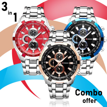 3 In 1 Combo, Curren Stylish Chrono Design Stainless Steel Watch For Men, 8023