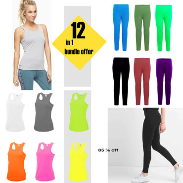 12 in 1 bundle offer, 6 pcs cotton strap vest plain t shirt,  spandex 6 pcs stretch best fit leggings, T73