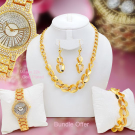 Milano Set Bundle Offer, Milano 22k Gold Plated Multi Design Elegant Necklace, Earrings, Bracelet, Accurate High Quality Gold Plated Crystal Stone Watch, W20