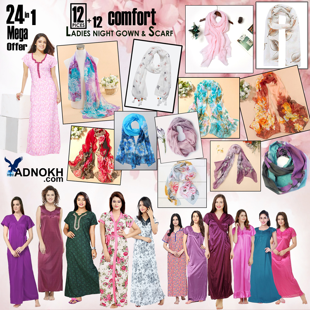 24 In 1 Bundle Offer, 12 Pice Comfort Ladies Night Wear Women Lingerie Nightgown Assorted Color, 12 Pcs Ladies Soft Scarf Assorted Color, SE098