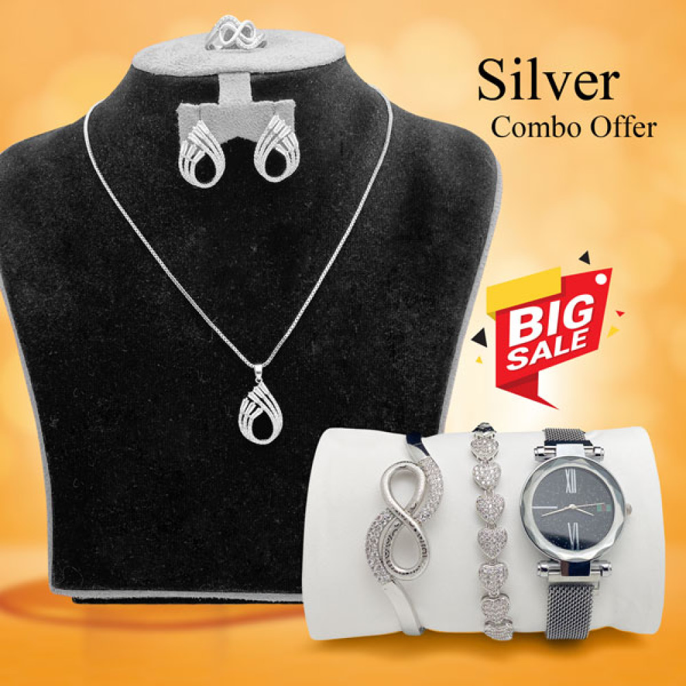 DW Silver Combo Offer, Milano Fashionable Silver Plated Necklace Set, Bangles, Bracelet, Ring, With Stylish Analog DW Magnet  Watch, DW31