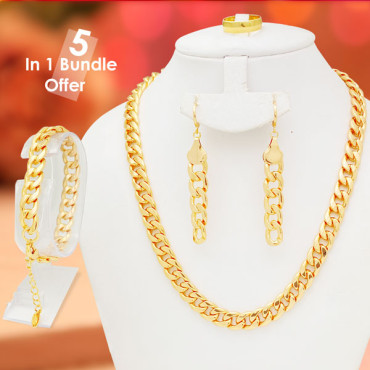 5 In 1 Bundle Offer Offer, Milano High Quality Gold 24K Plated Chain, Earring, Bracelet, Ring, M26