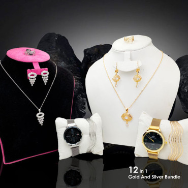 12 In 1 Gold And Silver Bundle Offer, 2 Sent Gold And Silver Plated Necklace Set, 2 Pcs, Banngles, 2 Pcs, Magnet Watch, SG01