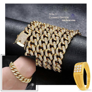 3 In 1 Combo Offer, Heavy High Quality Hip Hop Gold Plated stone Chain, Bracelet, Ring, G101