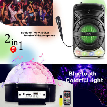 2 In 1 DJ Combo Offer, Bluetooth Music Speaker Party Spaker Portable With Microphone, Mp3 Led Crystal Magic Ball Stage Light, Bluetooth Disco Dj Party Lights, DJ08