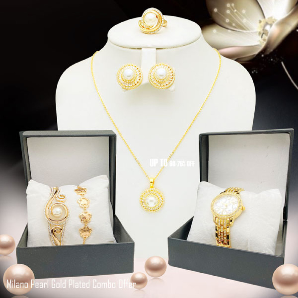 Milano Pearl Gold Plated Combo Offer, Milano Fashionable Gold Plated Crystal Stone Necklace Set, Crystal Stone Bangles, Crystal Stone Ring Crystal Stone Bracelet With Stylish Analog Watch, PR10