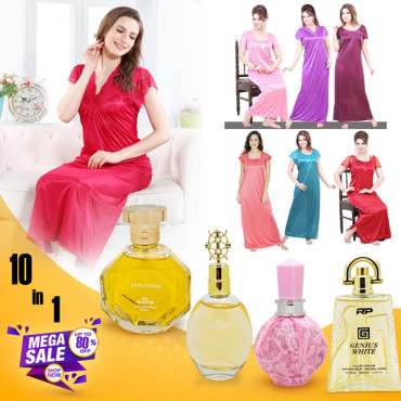 10 In 1 Bundle Offer, 6 Pice Comfort Ladies Night Wear Women Lingerie Nightgown, 4 Pcs Athletique Hot Collection Perfumes, N34