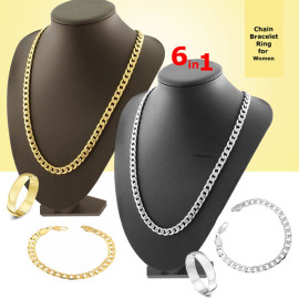 6 In 1 Combo Offer, Milano High Quality Gold 24K Plated Chain, Gold Bracelet, Gold Ring, Milano High Quality Silver Plated Chain, Silver Bracelet, Silver Ring For Women, SA906