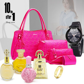 Buy 10 In 1 Bundle Offer, 4 Pcs Arcad Ladies Handbag Set, 4 Pcs Evershine Pour Home Hot Collection Perfume, , Deffrun Attraction Magnetic Watch, Gold Plated Ring, B50