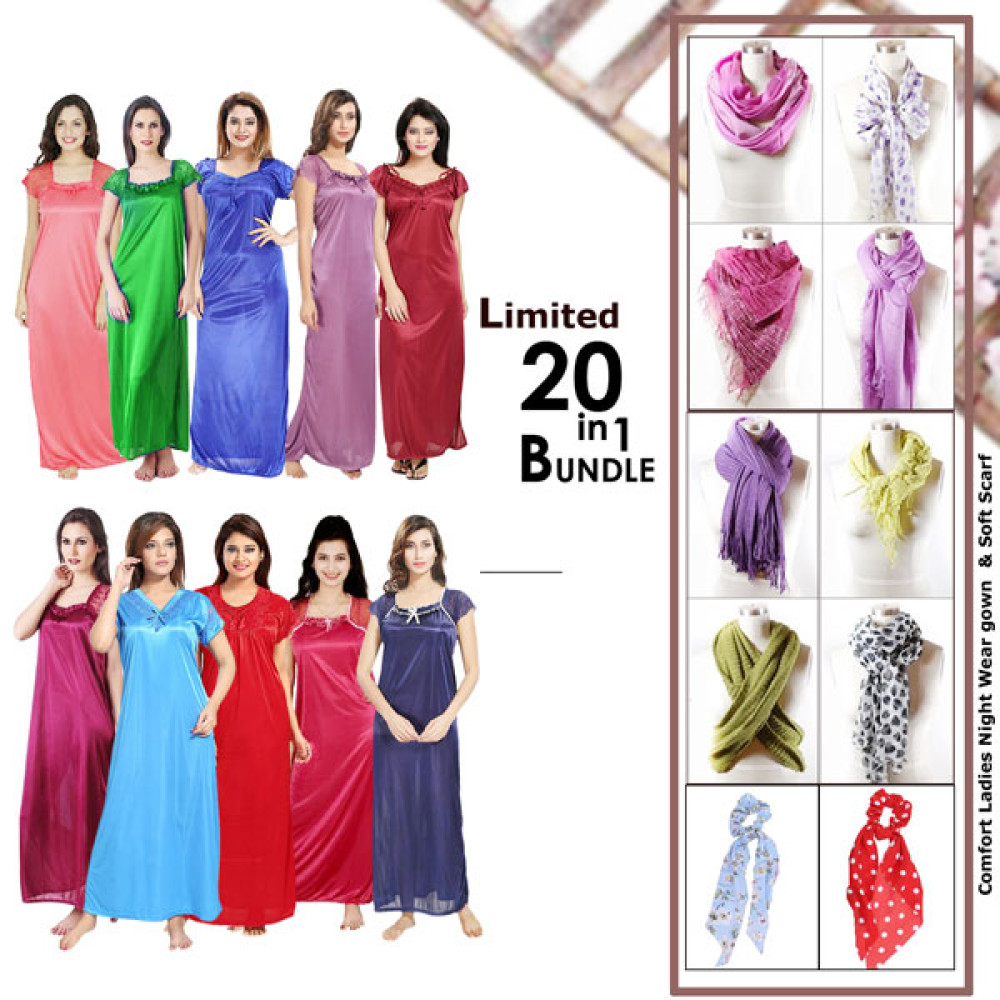 20 In 1 Bundle Offer, 10 Pice Comfort Ladies Night Wear Women Lingerie Nightgown Assorted Color, 10 Pcs Ladies Soft Scarf Assorted Color, SN40