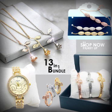 13 In 1 Bundle Offer, Milano High Quality 3 Pcs Necklace, Milano High Quality 3 Pcs Bracelet, Milano High Quality 3 Pcs Bangles, Milano High Quality 3 Pcs Ring, STYLISH ANALOG WATCH, M13