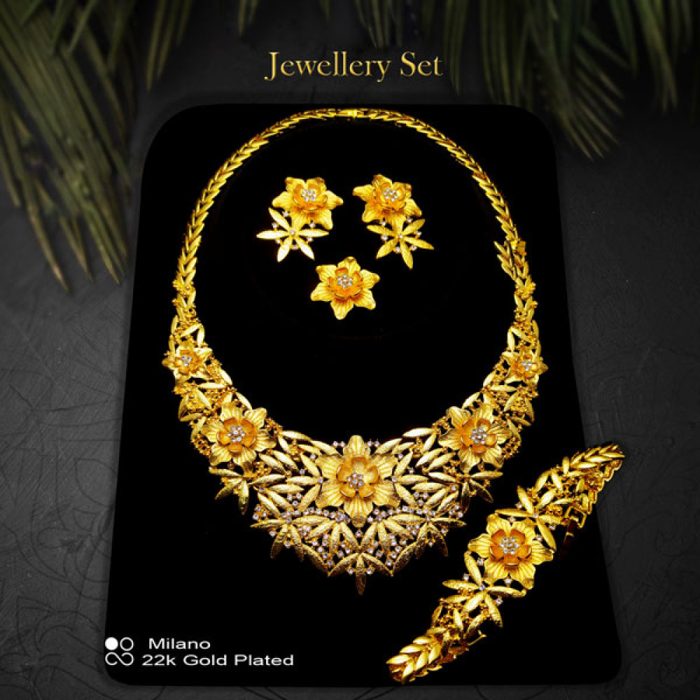 Milano 22k Gold Plated Multi Design Elegant Necklace, Earrings, Bracelet, Ring, Jewellery Set, FK30