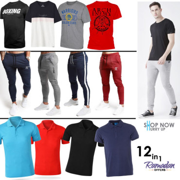12 In 1 Bundle Offer, 4 Pcs Mens Polo Neck Solid T-shirts, 4 Pcs Men's Round Neck T-shirt, 4 Pcs Men's Slim Fit Track Pants, M011