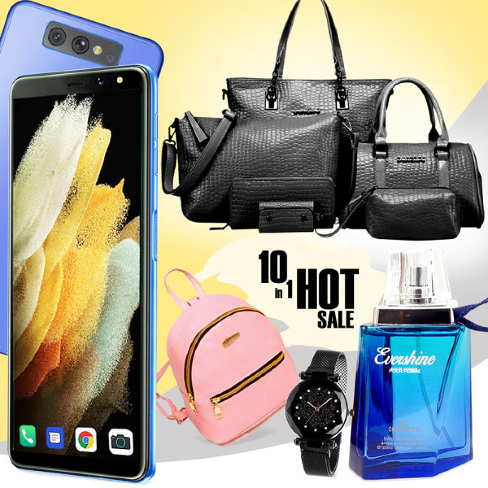 Best 10 In 1 Bundle Offer, Cube 9 Smartphone With 4g, Android 7.0, 4.0 Inch Hd Lcd Display, Arcad 6 Piece Ladies Hand Bags Set, Stylish Girls Pu Leather Shoulder Waterproof Backpack, Athletique Hot Collection Perfume, Deffrun Magnetic Watch, G02