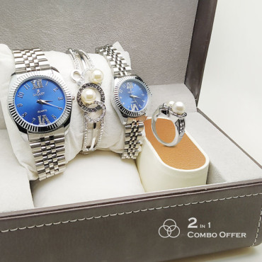2 In 1 Combo Offer, Style High Quality Silver Plated  Pair Watch, Silver Plated High Quality  Bangles With Ring, AR09