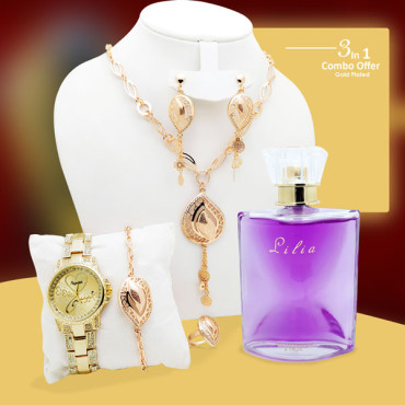 3 In 1 Combo Offer, Milano Gold Plated Multi Design Elegant Necklace, Earrings, Bracelet, Ring, Jewellery Set,athletique Hot Collection Perfume, Stylish Analog Watch, F12