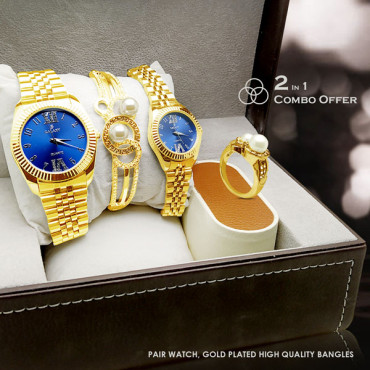 2 In 1 Combo Offer, Style High Quality Gold Plated  Pair Watch, Gold Plated High Quality  Bangles With Ring, AS08