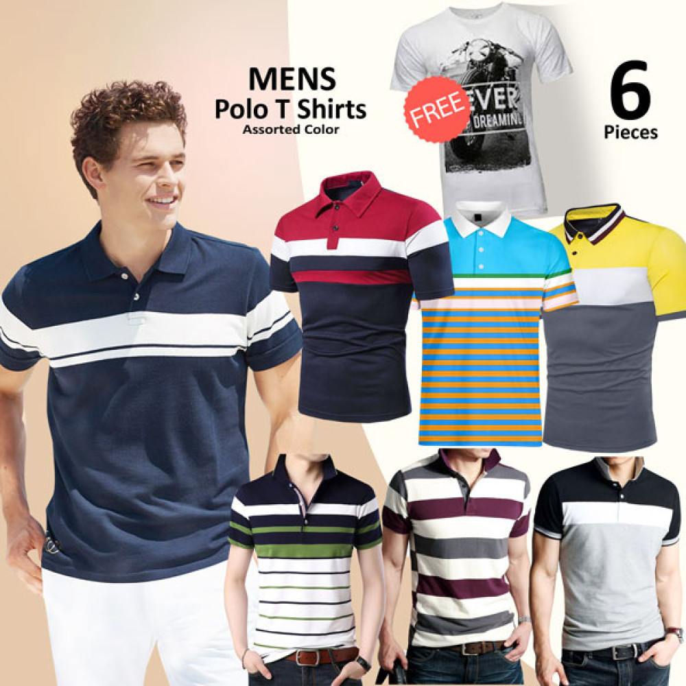 Mens Polo Neck Solid Line high quality T Shirts Set of 6 Pieces Assorted Color, With Free Round Neck T Shirt, T70