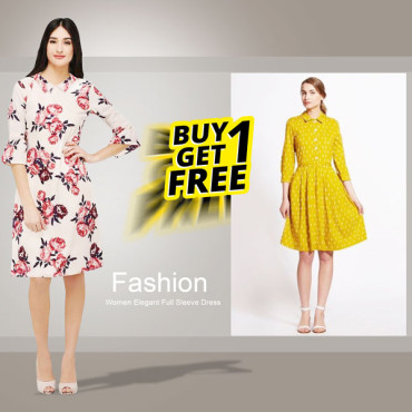 Buy 1 Get 1 Free, Fashion Women Elegant Full Sleeve Casual Knee-Length A-Line Dress, D12