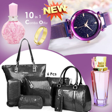 10 In 1 Bundle Offer, 6 Pcs Arcad Ladies Handbag Set, 2 Pcs Athletique Hot Collection Perfumes, Deffrun Attraction Magnetic Watch, Gold Plated Ring, B66