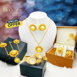 Milano New Fashion Ethiopian Jewelry Set Pendant Necklace Set Fashion Circle Design Gold Color, Stylish Analog Pair Watch, N43