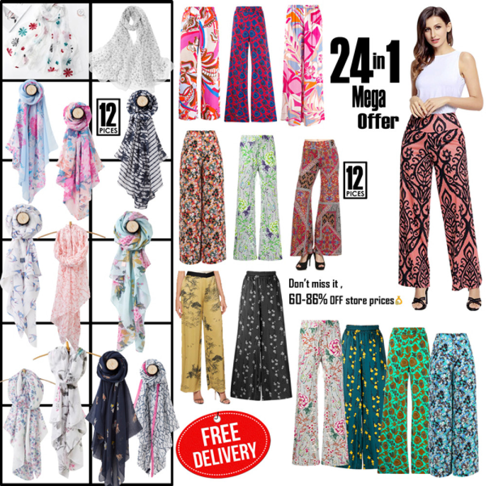 24 In 1 Bundle Offer, 12 Pcs Ladies Soft Scarf Assorted Color, 12 Palazzo Assorted Color And Design Pants For Women. Pl0102